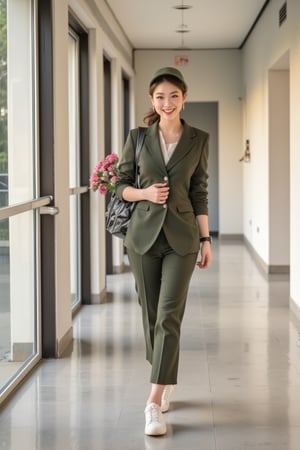 Grudge, Oil on canvas, Modern art, Minimalist watercolor painterly , full length image, a pretty lady wearing casual suit, sneakers, dress, ponytail hair hat, and neat hair, walking  corridor side of building, gesture face happy, sweet smile, she  grab the bouquet of rose, gaze eyes on camera 