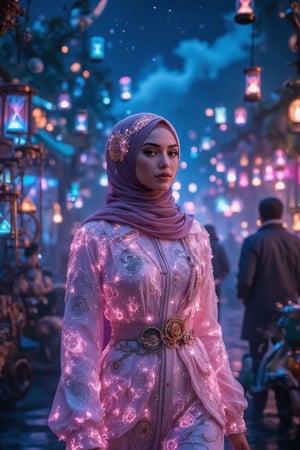 The main subject, a hijabi woman in neon glow wireframe clothing, navigates through a bustling steampunk market adorned with spinning clockwork mechanisms and cascading hourglasses at night. The scene is captured from an over-the-shoulder angle, highlighting the vibrant glow of her attire. Soft, diffused lighting creates shimmering effects on the wireframe surfaces, with reflections emphasizing the intricate clockwork around her. The background features blurred cogs and sand flowing in hourglasses, all softened to accentuate the main subject's presence. The starry sky with billowing steam enhances the overall enchanting atmosphere.

(1.6-1) dS = δQ_rev/T::0.6 neon wireframe::0.4 steampunk market with clockwork and hourglass elements --s 8k photorealistic,Magicallights,divinelights,Neonwireframe,SteampunkHijab,Un4d