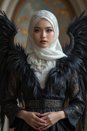 a woman dressed in a black dress, adorned with a white hijab around her neck and a white headband. She is standing with her hands clasped in front of her. Her wings are adorned with black feathers, adding a touch of warmth to her outfit. The background is blurred, creating a stark contrast to the woman's outfit.,Un4d,MsK