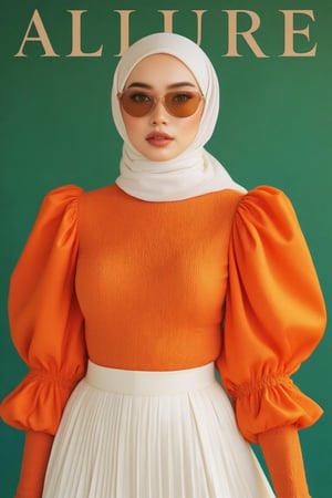 captivating magazine photo cover for ALLURE featuring a stunning Malay woman wearing puffblouse wear. stylish brown shades adding a modern touch. Studio natural lighting, highlighting her confident expression and a emerald orange blouse with dramatic puffed sleeves, a pleated white skirt, and a matching white hijab. ethereal lighting, evoking a sense of elegance and grace.The composition is balanced, with her eyes looking directly at the camera. The background is subtle, focusing attention on his stylish look and confident demeanor.,J4d3,Puffblouse,MsK,Un4d,Zur1n3