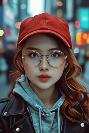 A cinematic, Extremely close-up portrait of a young woman in an urban morning setting, shot from an eye-level perspective with a slight angle to emphasize her face and upper body. She has long, red-chocolate hair in soft waves, wearing round aviator-style glasses and a plain red baseball cap. Her outfit consists of a  winter leather wool collar jacket over a hoodie, giving a casual streetwear vibe. The lighting is soft and diffused, casting subtle cool-toned highlights on her face and hair, with gentle shadows to contour her features. The background features a blurred bokeh effect with soft blue and white city, enhancing the urban atmosphere. The overall color mood is cool and moody, dominated by blue, gray, and silver tones, creating a calm yet mysterious and slightly futuristic aesthetic.,J4d3,Un4d,N4jku,Shrin4,Pixomeda style,N1N4