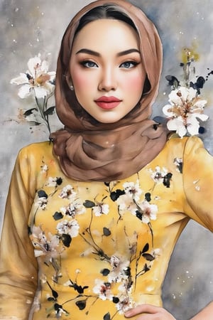 A close-up shot of a woman in a yellow dress adorned with white flowers and black leaves. The woman is wearing a brown scarf around her head, her eyes are blue, her lips are pink, her hair is pulled back, and her left hand is resting on her hip. The background is a grayish-gray color.,WatercolorWash,Watercolor style