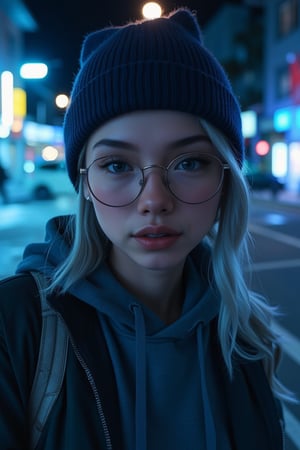 Create a cinematic, close-up portrait of a young woman in an urban night setting, shot from an eye-level perspective with a slight angle to emphasize her face and upper body. She has long, sleek silver-blue hair in soft waves, wearing round vintage-style glasses and a dark blue knitted beanie. Her outfit consists of a layered blue winter zipper jacket over a hoodie, giving a casual streetwear vibe. The lighting is soft and diffused, casting subtle cool-toned highlights on her face and hair, with gentle shadows to contour her features. The background features a blurred bokeh effect with soft blue and white city lights, enhancing the urban atmosphere. The overall color mood is cool and moody, dominated by blue, gray, and silver tones, creating a calm yet mysterious and slightly futuristic aesthetic.,J4d3,Un4d