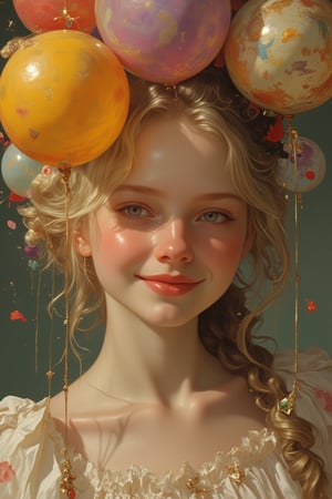 A girl in a Pixomeda style, vibrant and surreal. She is framed in a mid-shot, holding a balloon with a happy expression. Soft, warm lighting highlights her elegant features and joyful demeanor. Her pose is relaxed, with a bright smile. The composition is balanced, with intricate details and a dreamlike atmosphere. The background is abstract and colorful, enhancing her playful and ethereal presence.