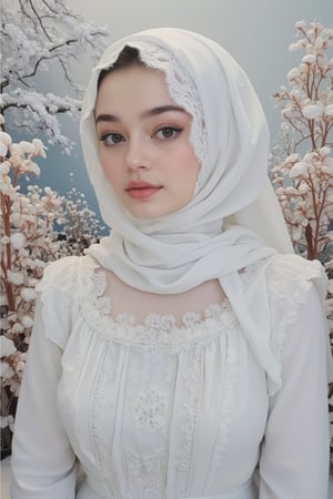 Create an acrylic gouache painting featuring a Victorian-era girl, but with a unique twist: the entire theme is transformed to a pristine, monochromatic white. The girl, now clothed in a Victorian gown redesigned with a modern flair, wears a beautifully crafted white hijab, subtly blending traditional elegance with contemporary style. Her gown is adorned with intricate lace and ruffles, all in varying shades of white to add depth and texture. Set in a whimsical, snow-covered garden bathed in soft, ethereal light, the scene captures a serene winter wonderland. The garden's delicate white foliage and softly blurred background accentuate the girl's serene expression, creating a harmonious balance between tradition and innovation. Let the textured brushstrokes emphasize the intricate details of her attire and the gentle ambiance of the scene, inviting viewers into a timeless world of imagination and grace..,Syazi89,Un4d,MsK