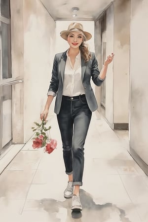 Grudge, Oil on canvas, Modern art, Minimalist watercolor painterly , full length image, a pretty lady wearing casual suit, sneakers, dress, ponytail hair hat, and neat hair, walking  corridor side of building, gesture face happy, sweet smile, she  grab the bouquet of rose, gaze eyes on camera,WatercolorWash,Watercolor style