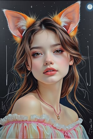 Chalk drawing, surreal art, beautiful girl, cat ears, expressive eyes, ryniac, craola, shy smile,  illustration, best quality, line-art, night, insanely beautiful, highly detailed, poses carefully composed full-body, precise anatomy, ultra HD detailed painting, [Realism | Contemporary], ultra textured, artful, aesthetic, pastel colors, unusual, vintage feel, 8k, photorealistic, trending on ArtStation,MsK,Sketching1.hanna