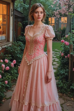 An acrylic gouache painting of a Victorian-era girl, depicted in vibrant, textured brushstrokes. The girl is dressed in a classic Victorian gown, with intricate lace and ruffles. The scene is set in a quaint, old-fashioned garden, with soft, diffused lighting that highlights her delicate features and the detailed embroidery of her dress. The girl is framed mid-shot, her expression serene and contemplative. The composition is balanced, with the garden background gently blurred, drawing focus to her timeless elegance and the rich, textured surface of the painting.,Syazi89,Un4d,MsK