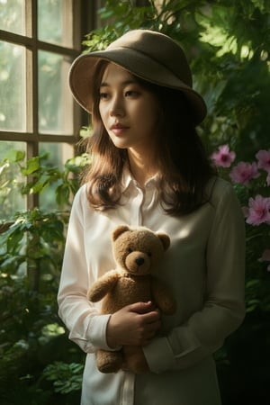 Soft focus on a serene young girl's face, her delicate features intricately rendered in high relief. The Rembrandt-inspired lighting casts a warm glow, emphasizing her smile and gentle gaze. Behind her, lush foliage and vibrant flowers create a whimsical backdrop, with a stylish hat perched atop her curly locks. A tender teddy bear is cradled in her hands, as a ray of sunlight filters through the leaves, casting dappled shadows on her porcelain skin.