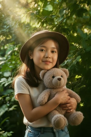 A young girl with a bright smile and a hat adorns her head, her face filling the frame in a warm, golden light. She cradles a plush teddy bear in her arms, its softness contrasted by the lush green foliage that surrounds her. A ray of sunlight filters through the leaves, casting a gentle glow on her happy features, as if illuminating her joy and contentment.