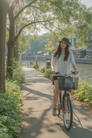 A serene scene unfolds: A woman, donning a stylish hat, effortlessly rides her bicycle alongside a tranquil river, flanked by lush trees and a verdant grassy field that stretches towards the water's edge. In the distance, a variety of shops line the walkway, their reflections rippling on the river's surface. Lens flare casts a warm glow, scattering shadows across the scene as a ray of light breaks through the treeline, illuminating the subject's carefree smile.