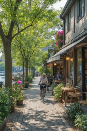 A serene afternoon scene: a person riding a bike down a shaded street, flanked by lush greenery and vibrant flowers. In the distance, the gentle flow of a river adds to the peaceful ambiance. Nearby, a classic car is parked outside a charming book shop, its windows overflowing with literary treasures. Across the way, the aroma of freshly baked goods wafts from a quaint restaurant, where patrons enjoy al fresco dining under the shaded awning.