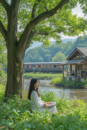 A serene scene unfolds as a lovely girl sits on lush green grass beneath the dappled shade of a majestic tree, surrounded by the gentle lapping of a nearby river. She cradles a stack of books in her lap, lost in thought. In the distance, a bustling book store and burger stall stand near the tracks of a busy train railway. As a train crosses the scene, its wheels screeching in harmony with the girl's contemplative sigh.