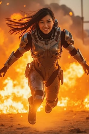 Here is a prompt for the image:

Marlene Favela, a stunning young woman with beautiful detailed eyes and lips, donning futuristic armor, bursts into a dramatic action pose as she leaps from the flaming wreckage of an exploding helicopter. Her happy face shines bright, with sparkling eyes and a radiant smile, illuminated by the fiery background. The light and delicate pink blush on her cheeks adds a touch of warmth to her overall appearance. Capture Marlene in mid-air, fully visible from head to toe, as she soars through the inferno, her long eyelashes framing her joyful expression.