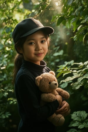 A warm Rembrandt studio glow illuminates the intricate details of a young girl's face in close-up, her bright smile and sparkling eyes radiating joy. Behind her, lush foliage and vibrant flowers frame the scene, with a hat adorning her head. She holds a cuddly teddy bear tightly, its softness contrasting with the natural surroundings. A ray of light filters through the greenery, casting a gentle spotlight on her happy visage.