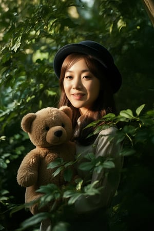 A youthful face with delicate features, bathed in Rembrandt-inspired studio lighting, dominates the frame. A joyful girl peers from behind a lush arrangement of foliage and flowers, her hat adorned with a jaunty flourish. Her happy expression beams brightly as she cradles a teddy bear, its softness contrasting with the vibrant greenery. A ray of light, filtered through the leaves, casts a warm glow on her cheeks, as if infused by the happiness emanating from within.