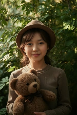 A warm Rembrandt studio glow illuminates the intricate details of a young girl's face in close-up, her bright smile and sparkling eyes radiating joy. Behind her, lush foliage and vibrant flowers frame the scene, with a hat adorning her head. She holds a cuddly teddy bear tightly, its softness contrasting with the natural surroundings. A ray of light filters through the greenery, casting a gentle spotlight on her happy visage.