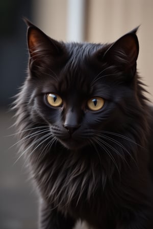 A small black cat (Alex)  beautiful and cute long-haired little black cat, gazing into the distance with determination in his eyes.