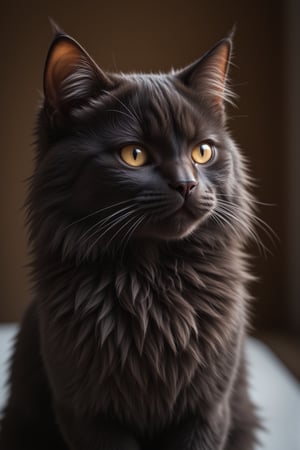 A small black cat (Alex)  beautiful and cute long-haired little black cat, gazing into the distance with determination in his eyes.