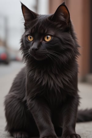 A small black cat (Alex)  beautiful and cute long-haired little black cat, gazing into the distance with determination in his eyes.