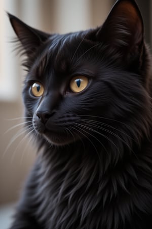 A small black cat (Alex)  beautiful and cute long-haired little black cat, gazing into the distance with determination in his eyes.