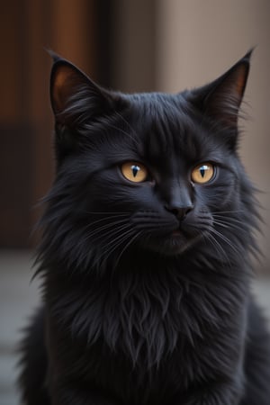 A small black cat (Alex)  beautiful and cute long-haired little black cat, gazing into the distance with determination in his eyes.