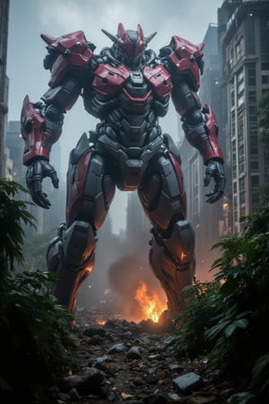 side view of Gigantic mechanized behemoth descends upon the metropolis, its metal claws grasping for the skyscrapers as a thick veil of smoke and flame engulfs the city. Debris litters the streets, and explosions rip through the air as the mecha's fiery breath scorches the landscape. The urban jungle is under siege.