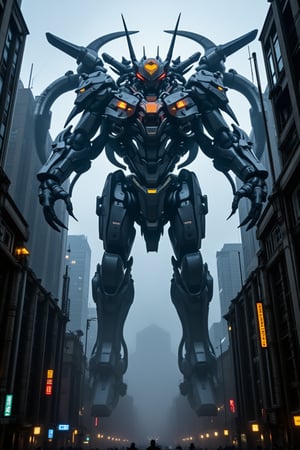 A colossal mechanical monstrosity descends upon the urban jungle, its metallic hide aglow in the city's neon light, casting a long, ominous shadow across the concrete skyscrapers. As it hovers precariously between towering structures, its imposing form dominates the skyline, metal limbs outstretched like grasping fingers, threatening to engulf the city below.