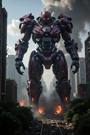 side view of Gigantic mechanized behemoth descends upon the metropolis, its metal claws grasping for the skyscrapers as a thick veil of smoke and flame engulfs the city. Debris litters the streets, and explosions rip through the air as the mecha's fiery breath scorches the landscape. The urban jungle is under siege.