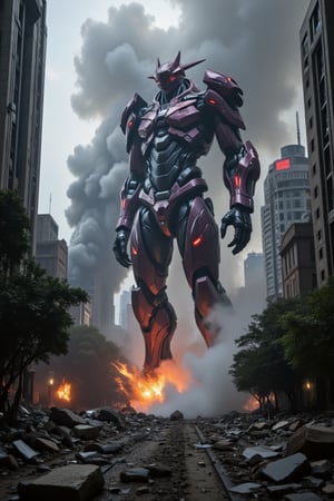 side view of Gigantic mechanized behemoth descends upon the metropolis, its metal claws grasping for the skyscrapers as a thick veil of smoke and flame engulfs the city. Debris litters the streets, and explosions rip through the air as the mecha's fiery breath scorches the landscape. The urban jungle is under siege.