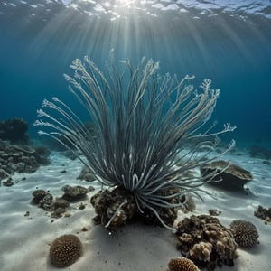 Create a hyper-realistic and hyper-detailed image of Graptolites, colonial marine organisms from the Ordovician period, floating in the depths of a primordial ocean. Show their intricate, branching structures, with long, feather-like filaments extending from their main body, capturing microscopic food particles. Surround the Graptolites with other ancient marine life such as early cephalopods, crinoids, and plankton drifting in the current. The underwater scene should feature a dim, deep-sea atmosphere with a greenish-blue hue, illuminated by faint light from the surface. Small particles float in the water, creating a sense of vast ancient oceanic life. The scene evokes the mystery and complexity of prehistoric marine ecosystems. give different images then generated earlier,

 The image constitutes 8k uhd, dslr, soft lighting, high quality, film grain, Fujifilm XT3 lens.
