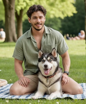 Generate hyper-realistic, hyper deatiled image of male model of 22 yrs, full broad chest, black curly hair, styled in ponytail, eye color black, heavy body shape, bold figure, exudes a sense of allure with every glance, has light beard, wearing a short-sleeved linen shirt and khaki shorts, sitting cross-legged on a picnic blanket in a green park with His 6-month-old Siberian Husky is lying playfully beside him with its tongue out, enjoying the warm afternoon sun. The park is dotted with trees and flowers, with people and families relaxing in the background.

full body shot,  The image constitutes 8k uhd, dslr, soft lighting, high quality, film grain, Fujifilm XT3 lens.
