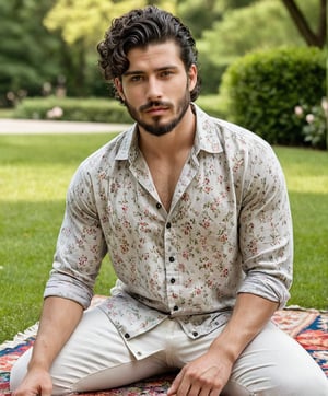 Generate hyper-realistic, hyper deatiled image of male model of 22 yrs, full broad chest, black curly hair, styled in ponytail, eye color black, heavy body shape, bold figure, exudes a sense of allure with every glance, has light beard, 

model in a relaxed pose, wearing a loose-fitting floral shirt and white linen pants. He is seated on a colorful rug in a park, with a peaceful expression, surrounded by greenery and blooming flowers,

full body shot,  The image constitutes 8k uhd, dslr, soft lighting, high quality, film grain, Fujifilm XT3 lens.
