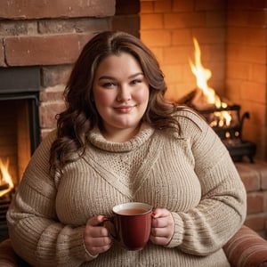 A plus-size woman with a full bust wearing a cozy sweater, sitting by the fireplace with a cup of tea, the warm glow of the fire reflecting off her face, creating a relaxed, inviting ambiance.
