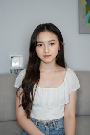 The image is a high-resolution photograph of a young Asian woman with long, straight, dark brown hair, sitting on a light gray couch. The photo is taken from a front-facing angle, capturing her from the waist up. She has a fair complexion and is wearing a simple, fitted white short-sleeve top that accentuates her slim physique. Her expression is neutral, with a hint of seriousness or contemplation, and she has full, slightly parted lips with a natural pink hue.

She is dressed in high-waisted, loose-fitting blue jeans that create a casual, relaxed look. The background is a plain, light gray wall with a minimalistic design, featuring a small, modern light switch on the left side and a part of a colorful abstract painting on the right. The lighting is soft and even, coming from the front, which eliminates harsh shadows and highlights the subject's facial features and the texture of her clothing.

The composition follows the rule of thirds, with the woman's face and upper body positioned along the upper third line, drawing the viewer's eye directly to her face. The overall aesthetic quality of the image is very high, with a clean, professional look that emphasizes simplicity and natural beauty. The image is safe for work (sfw) and does not contain any suggestive or explicit content.