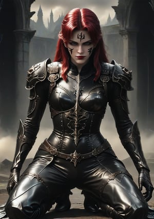 realistic, long dark red hair, kneeling,tattoos, translucent, dark fantasy background, front facing, full body view, detalied body, detailed hands, perfect silver eyes, leather dody suit, raining, leather corset, hair jewlery, hands resting on her knees, storm background