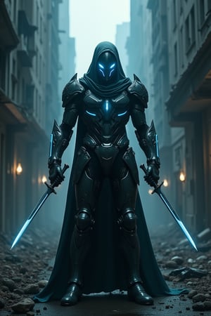 In a dimly lit, dystopian metropolis, a futuristic warrior stands tall, clad in an extraordinary full-body suit of armor. The intricately detailed armor glows with a soft, ethereal light, accentuating the cybernetic enhancements that seem to pulse with energy. With his dual daggers crossed before him, he assumes a dynamic pose, exuding confidence and readiness to strike. His piercing ice-blue eyes seem to bore into the darkness, as if daring any challenger to approach. The faintly glowing patterns on his armor add an otherworldly touch, blending seamlessly with the shadows that envelop him like a dark cloak. The air is electric with tension as he prepares for battle, surrounded by the ruins of a once-great cityscape. Cinematic lighting casts deep, dramatic shadows, highlighting the intricate design and mastery of Artgerm and Greg Rutkowski in this 8K digital painting masterpiece.