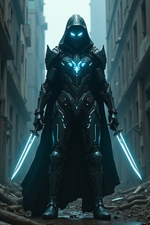 In a dimly lit, dystopian metropolis, a futuristic warrior stands tall, clad in an extraordinary full-body suit of armor. The intricately detailed armor glows with a soft, ethereal light, accentuating the cybernetic enhancements that seem to pulse with energy. With his dual daggers crossed before him, he assumes a dynamic pose, exuding confidence and readiness to strike. His piercing ice-blue eyes seem to bore into the darkness, as if daring any challenger to approach. The faintly glowing patterns on his armor add an otherworldly touch, blending seamlessly with the shadows that envelop him like a dark cloak. The air is electric with tension as he prepares for battle, surrounded by the ruins of a once-great cityscape. Cinematic lighting casts deep, dramatic shadows, highlighting the intricate design and mastery of Artgerm and Greg Rutkowski in this 8K digital painting masterpiece.