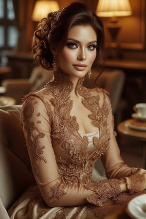 A ravishing woman with piercing blue eyes sits poised in a cozy coffee cafe, surrounded by warmth and opulence. She wears a stunning turtleneck dress with intricate ruffles, flowing down her figure like a golden waterfall, against rich wood tones. Warm lighting highlights her refined features amidst elegant decor, as she sits regally on plush seating, exuding elegance and sophistication.