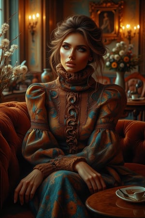 A majestic woman with piercing blue eyes settles into a plush sofa within a warm, opulent coffee cafe. Her ravishing turtleneck dress with intricate ruffles and flared skirt drapes elegantly over her refined figure as golden light highlights her features. Framed by rich wood tones, she sits regally amidst ornate mirrors, antique furnishings, and velvety darkness, inviting the viewer into this intimate, cozy space.