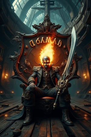 A low-key lit, abandoned junk ship's dimly-lit hold sets the tone for a cinematic scene. Pirate Captain Tokmad sits manfully, his flaming head casting an eerie glow. A massive, unique sword leans against the broken, dark wooden hull of a pirate ship in the background. At his back, a large, weathered board reads TOKMAD in bold, 3D embossed font. The overall aesthetic exudes analogue colors and a sense of foreboding, as if the captain's fiery visage is about to ignite the entire scene.