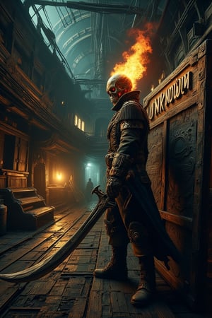 Dimly-lit hold of an abandoned junk ship, low-contrast lighting casts eerie shadows. Captain pirate stands manfully, his flaming head skull aglow, unique sword leaning against weathered pirate ship hull. Weathered board at his back reads 'UNKNOWM' in bold 3D embossed font. Analogue colors evoke foreboding as captain's fiery visage seems to ignite the scene.