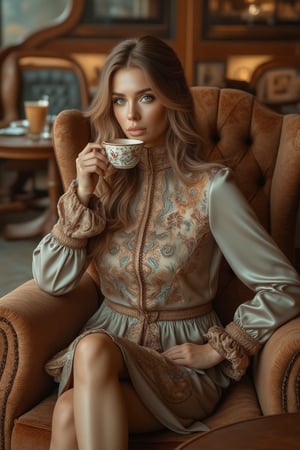 A stunning woman with piercing blue eyes sits effortlessly in a plush armchair at a cozy coffee cafe, her turtleneck ruffle dress a masterpiece of elegance. Intricate ruffles adorn her dress as she sips from a delicate cup, surrounded by warmly lit wooden tables and richly upholstered chairs. The inviting atmosphere is complete with elegant decor and plush seating, drawing the viewer's eye to the woman's refined presence amidst the luxurious setting.