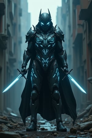 In a dimly lit, dystopian metropolis, a futuristic warrior stands tall, clad in an extraordinary full-body suit of armor. The intricately detailed armor glows with a soft, ethereal light, accentuating the cybernetic enhancements that seem to pulse with energy. With his dual daggers crossed before him, he assumes a dynamic pose, exuding confidence and readiness to strike. His piercing ice-blue eyes seem to bore into the darkness, as if daring any challenger to approach. The faintly glowing patterns on his armor add an otherworldly touch, blending seamlessly with the shadows that envelop him like a dark cloak. The air is electric with tension as he prepares for battle, surrounded by the ruins of a once-great cityscape. Cinematic lighting casts deep, dramatic shadows, highlighting the intricate design and mastery of Artgerm and Greg Rutkowski in this 8K digital painting masterpiece.