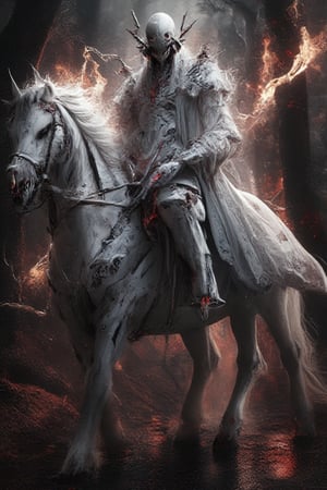 an image of a man riding on a white horse in the middle of a forest, an airbrush painting, fantasy art, horsemen of the apocalypse, the third horseman, wraiths riding in the sky, dramatic fantasy art, an ominous fantasy illustration, breathtaking fantasy art,red eyes,and an ominous aura,red flame inside body, wine and flaming splash, wearing a high heels boots, wearing a pearl-white nanotechnology's loosely big Vega-punk-Luffy raincoat and wearing a hyper nano skeleton-evangelion ceramics mirror armor design,inspired from niji6, anime style, anime lighting effects, (Shading and Lighting using Phong shading, Gouraud shading, and Blinn-Phong shading, mirror reflections shading, Rendering), ambient occlusion, cycles 4d render, octane render, V-Ray render, unity, 7d cryengine 7 optimization, 19000 Ultra HD resolution.