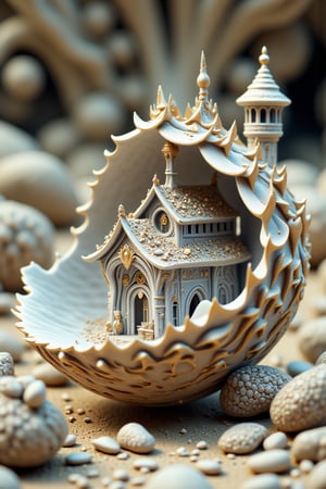 a model of a church in a shell sitting on the ground next to some rocks, by Chase Stone, shutterstock contest winner, beautiful detailed miniature, seashell house, highly detailed 3 d art, detailed digital 3d art, miniature photography closeup, intricate 3 d sculpture