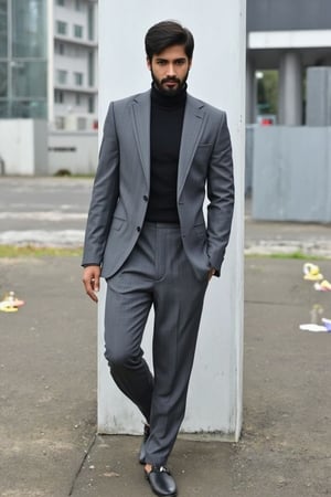 Bangladeshi model wears a tailored gray three-piece suit with a black turtleneck instead of a traditional shirt. The model poses against a backdrop of modern Dhaka, showcasing the fusion of traditional attire