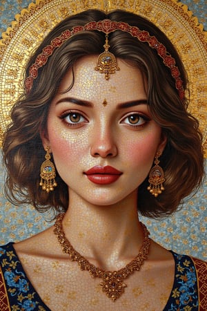 Byzantine Mosaics of a girl. (masterpiece, top quality, best quality, official art, beautiful and aesthetic:1.2), (1girl:1.4), portrait, extreme detailed, highest detailed, simple background, 16k, high resolution, perfect dynamic composition, bokeh, (sharp focus:1.2), super wide angle, high angle, high color contrast, medium shot, depth of field, blurry background,,itacstl