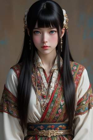 Super detailed, super realistic, beautiful Nordic girl with long hair and blunt bangs,
 Wearing ancient national costume, long straight black hair, Yakut national costume, (beautiful blue eyes), almond eyes, intricate textiles decorated with colorful and intricate geometric patterns, arms decorated with decorative embroidery.
Beautiful crystal blue eyes, almond eyes, complex fabric decorated with colorful and intricate geometric patterns, white, red and green and other earth tones clothes,, aw0k euphoric style,, perfect imitation of TaisaSDXL, dal, ct-identityV2