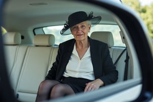 photorealistc, high resolution photograph taken with Nikon Z8 camera, seen in the rear view mirror, old woman, 70 years old, in back seat of car, blurred background, black jacket, black knee-length skirt, white blouse, sheer black pantyose, high-heeled shoes, black fascinator hat, her skirt is rucked round her waist and she has her legs apart, upskirt view, the camera can clearly see up her skirt